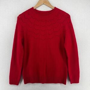 TALBOTS Sweater Mp Petite Wool Blend Eyelet Yoke Roll Neck Pullover Jumper Red